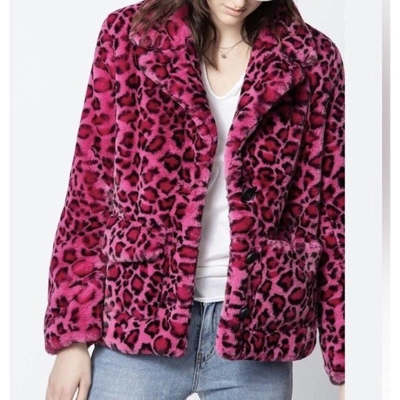 Zadig & Voltaire Lila Leopard Jacket XS Pink Black Faux Fur Button Front - Picture 1 of 12